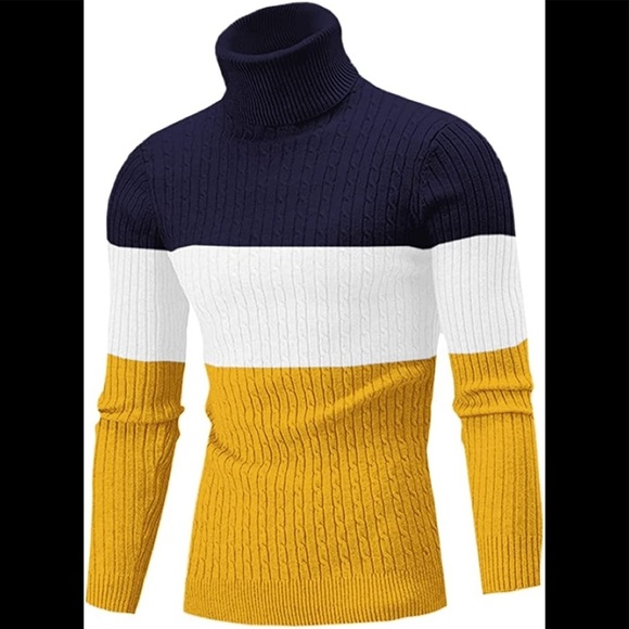Mens Turtleneck Sweater Other - New Mens Turtleneck Thermal Lightweight Patterned Sweater Honey and Blue
